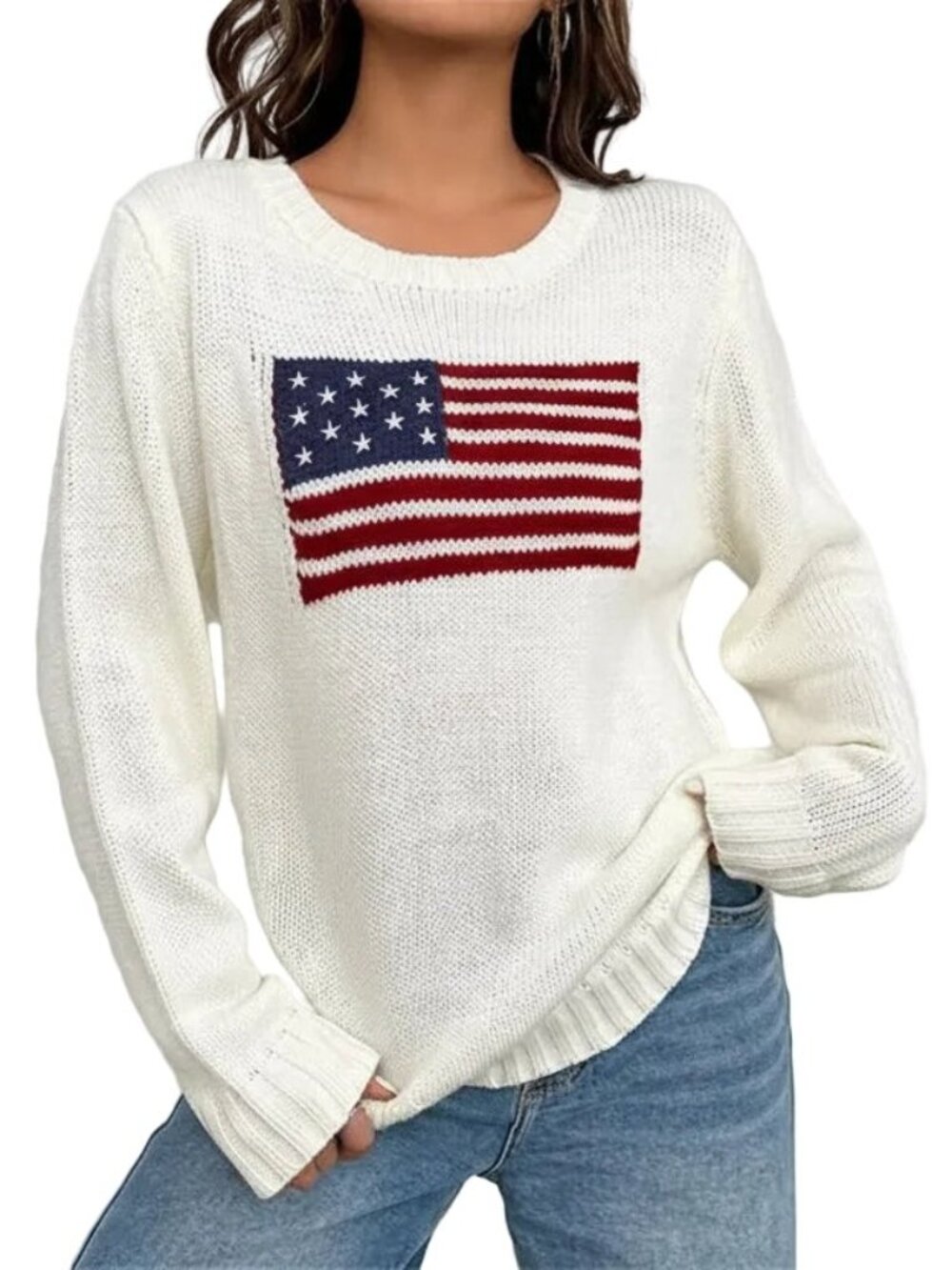 American USA Flag Stars & Stripes Round Neck Long Sleeve Pullover Knit Sweater - Picture 8 of 8